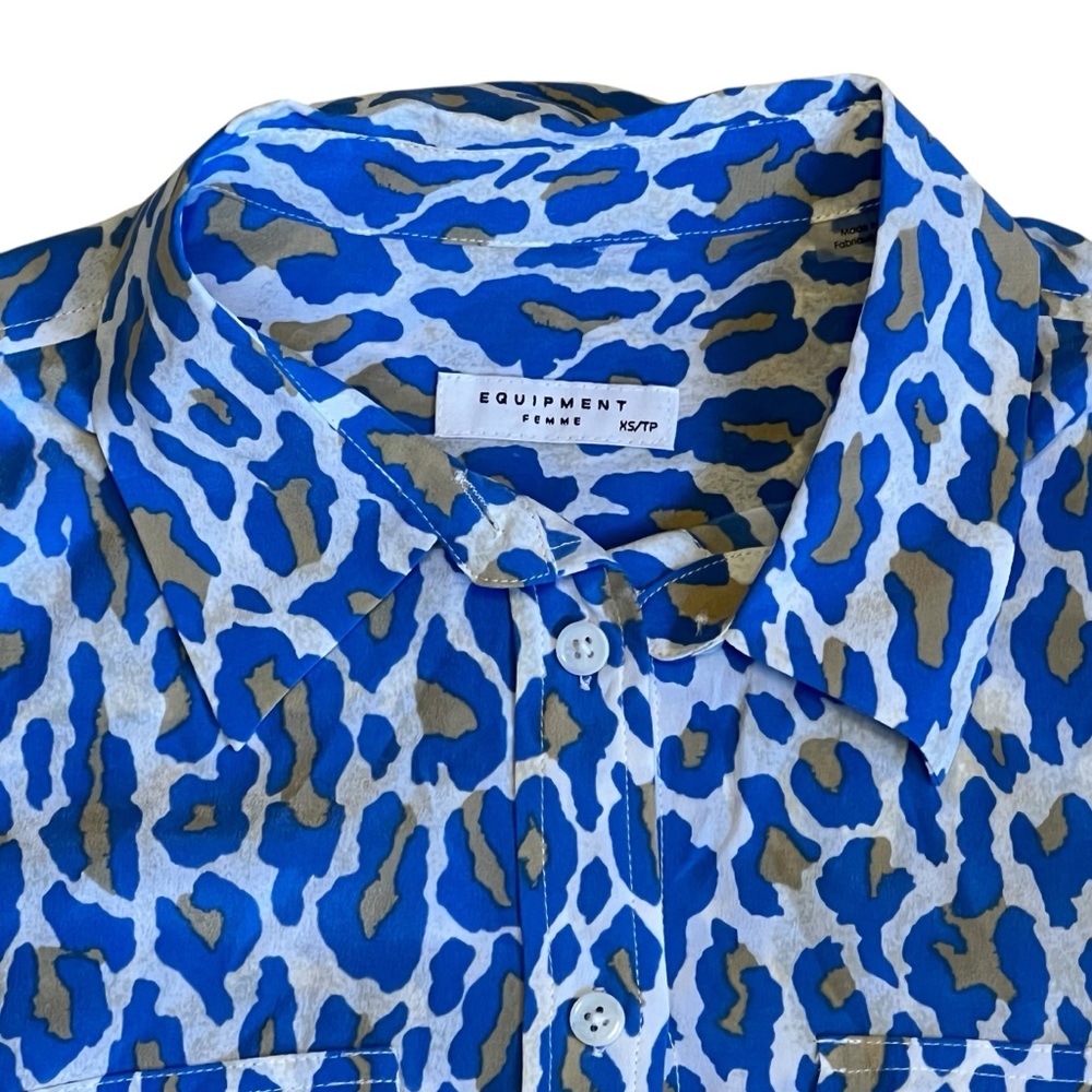 Equipment Women’s Sz XS Blue Leopard Print Silk Shift Dress Button Front Mini - Picture 4 of 10